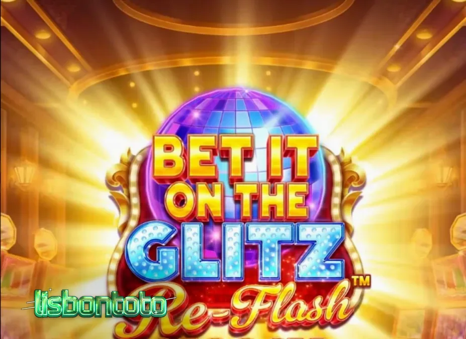 Tampilan visual slot Bet It on the Glitz Re-Flash yang penuh dengan lampu neon dan simbol kasino mewah.